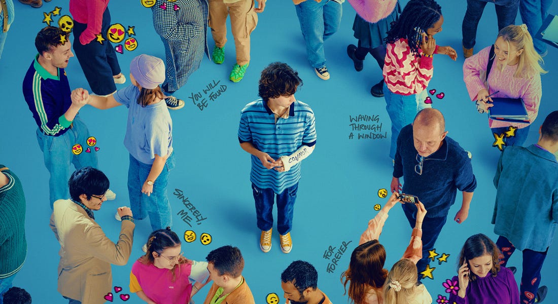 A group of young people wearing colorful clothes stood on a blue background, with writing and emojis around them A group of young people wearing colorful clothes stood on a blue background, with writing and emojis around them