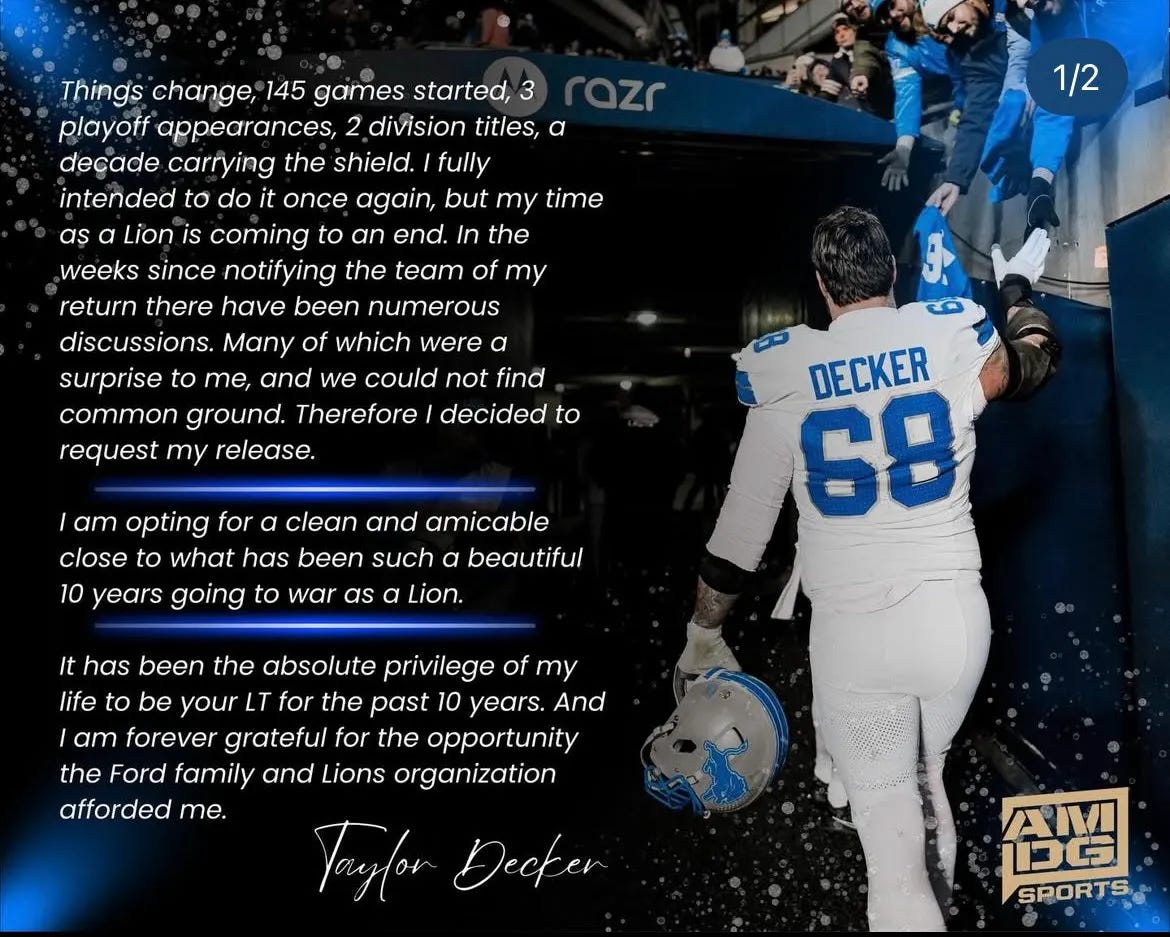Taylor Decker requests release from Detroit Lions