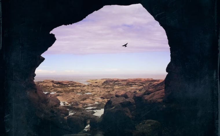 Silhouette of a cave opening out into the north sea, with a bird flying into the clouds