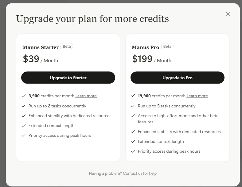 Screenshot of the Manus plans described in text Screenshot of the Manus plans described in text