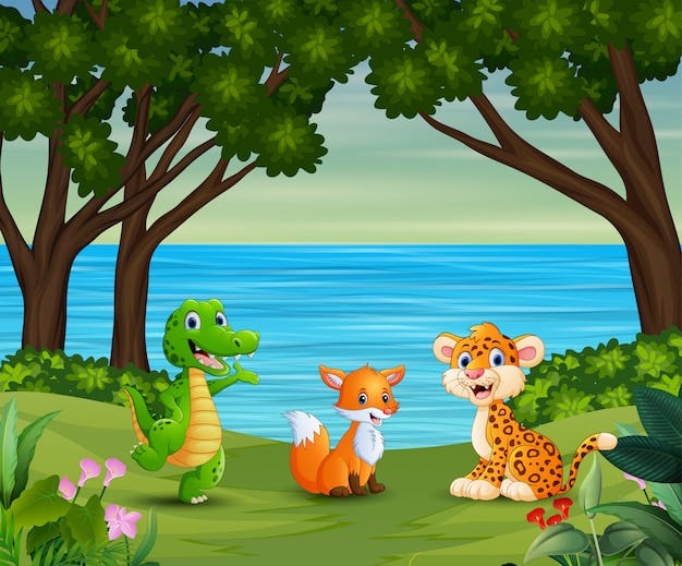 Desenho de animais felizes estão desfrutando da bela natureza | Vetor  Premium
