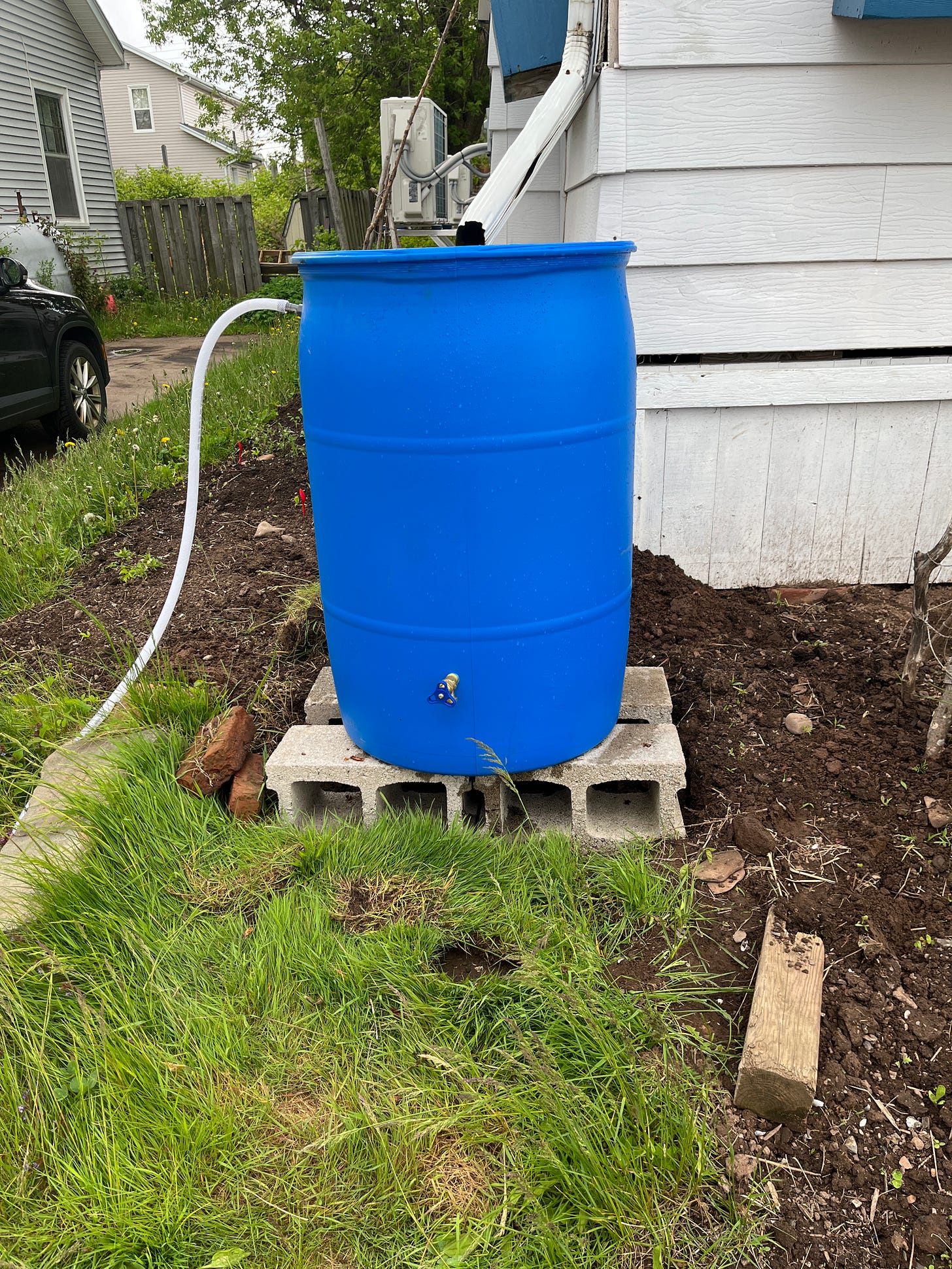 A bright blue, plastic food-grade barrel sits under the downspout at the front of my house. It has a faucet about six inches from the bottom on the front and a drainage hose coming off the top to direct excess water away from my house. A bright blue, plastic food-grade barrel sits under the downspout at the front of my house. It has a faucet about six inches from the bottom on the front and a drainage hose coming off the top to direct excess water away from my house.