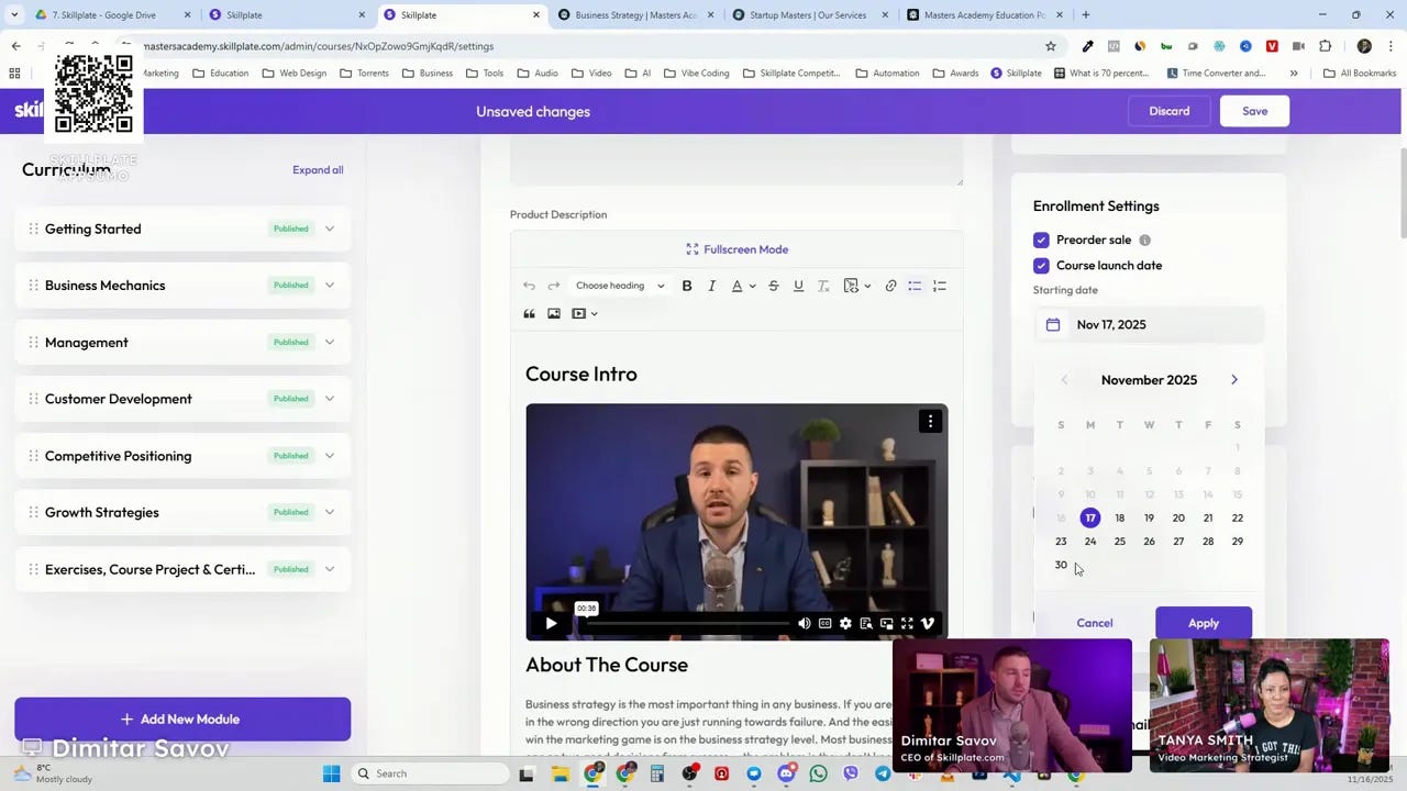 Skillplate course editor showing a Course Intro video player in the center, product description editor above it and an enrollment start-date calendar on the right.