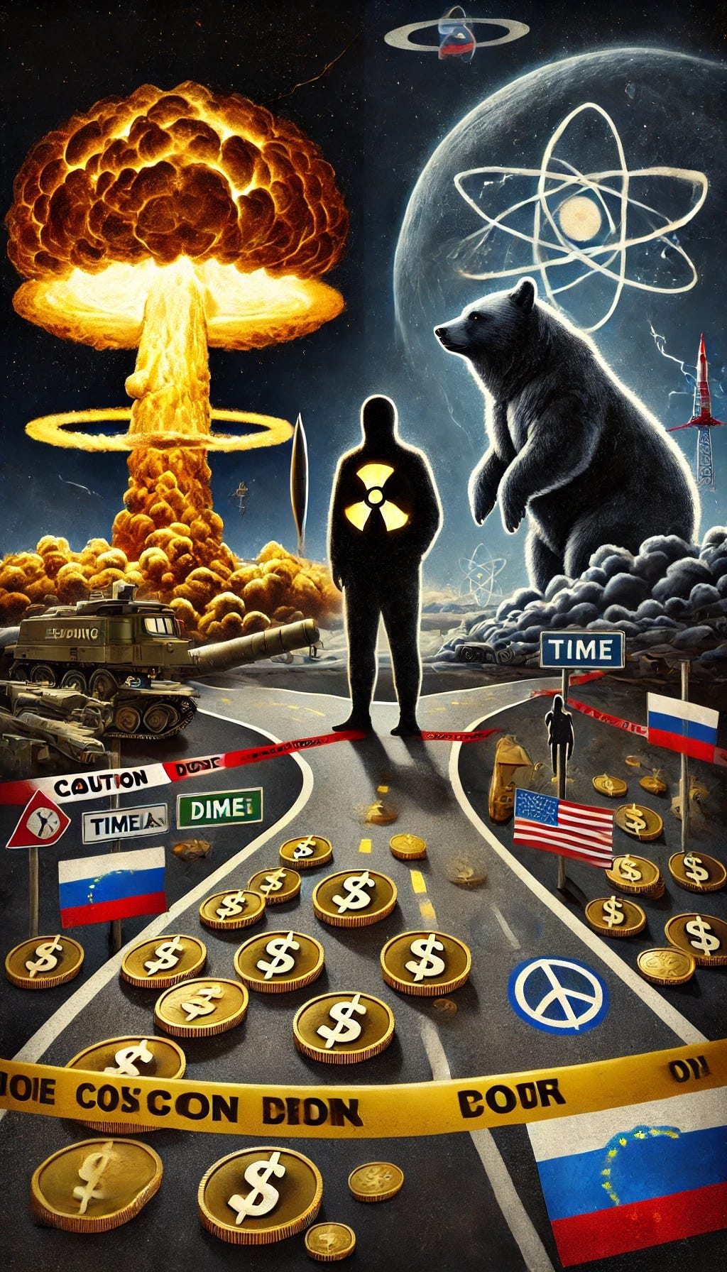 A symbolic artistic illustration representing Europe's nuclear dilemma. The image features a large, shadowy figure of Europe standing at a crossroads. One path leads toward a glowing, high-tech nuclear missile surrounded by caution tape, time delays, and piles of gold coins (representing cost). The other path leads toward conventional military equipment and peace symbols. Above, storm clouds shaped like dollar signs and atomic symbols loom, symbolizing political pressure and danger. In the background, a large, ominous Russian bear watches. The entire scene is stylized in a dramatic, moody, infographic-style composition. A symbolic artistic illustration representing Europe's nuclear dilemma. The image features a large, shadowy figure of Europe standing at a crossroads. One path leads toward a glowing, high-tech nuclear missile surrounded by caution tape, time delays, and piles of gold coins (representing cost). The other path leads toward conventional military equipment and peace symbols. Above, storm clouds shaped like dollar signs and atomic symbols loom, symbolizing political pressure and danger. In the background, a large, ominous Russian bear watches. The entire scene is stylized in a dramatic, moody, infographic-style composition.