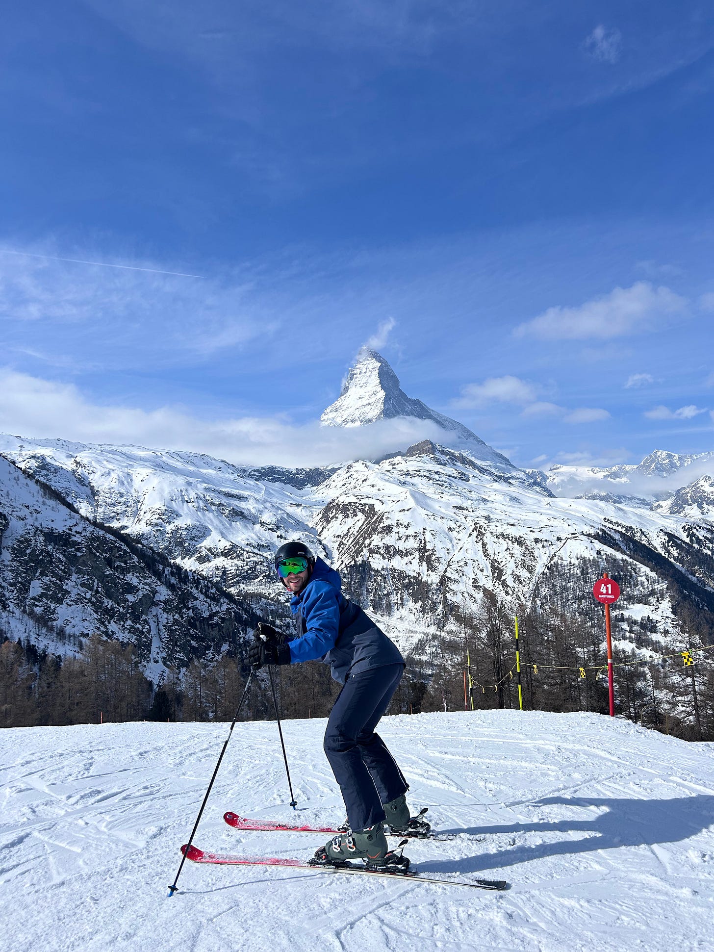 Skier in front of the Matterhorn, Zermatt