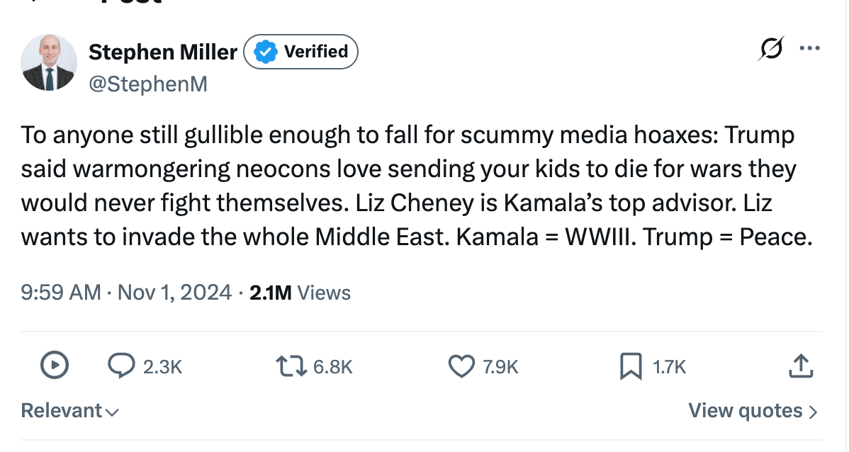 To anyone still gullible enough to fall for scummy media hoaxes: Trump said warmongering neocons love sending your kids to die for wars they would never fight themselves. Liz Cheney is Kamala’s top advisor. Liz wants to invade the whole Middle East. Kamala = WWIII. Trump = Peace. To anyone still gullible enough to fall for scummy media hoaxes: Trump said warmongering neocons love sending your kids to die for wars they would never fight themselves. Liz Cheney is Kamala’s top advisor. Liz wants to invade the whole Middle East. Kamala = WWIII. Trump = Peace.