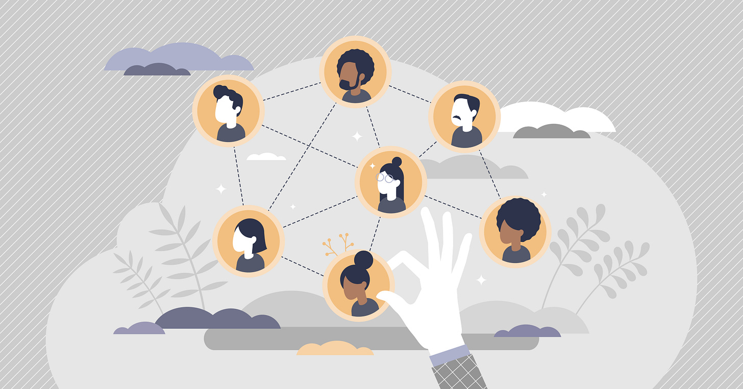Connected icons of people in a cloud, hand selecting one of them