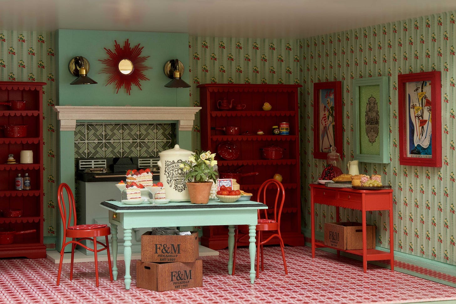 Colorful vintage-style kitchen scene with a table laid for tea, featuring cakes, flowers, and various kitchen items. Colorful vintage-style kitchen scene with a table laid for tea, featuring cakes, flowers, and various kitchen items.