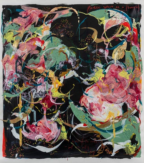 Row of three colorful abstract paintings.