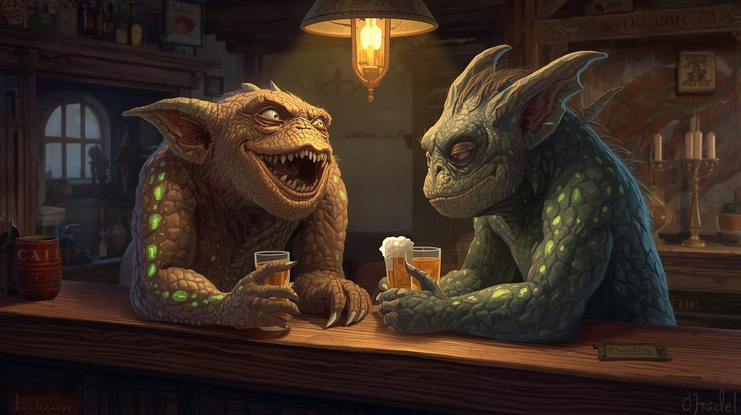 Two monsters sitting in a bar chatting.