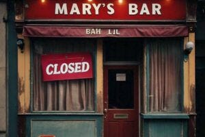 A bar with a closed sign in the window