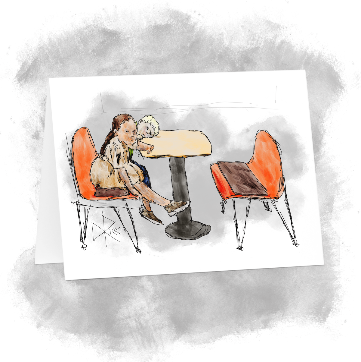 Seated in a booth at a fast-food restaurant, waiting for their mother to return with food, a young boy rests his head on the tabletop in exasperation as his sister excitedly swings her legs under the table. Sketch art by Don Rice. Seated in a booth at a fast-food restaurant, waiting for their mother to return with food, a young boy rests his head on the tabletop in exasperation as his sister excitedly swings her legs under the table. Sketch art by Don Rice.
