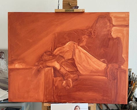 Sketch, a watercolor, and an underpainting in transparent red oxide of a woman relaxing in chair