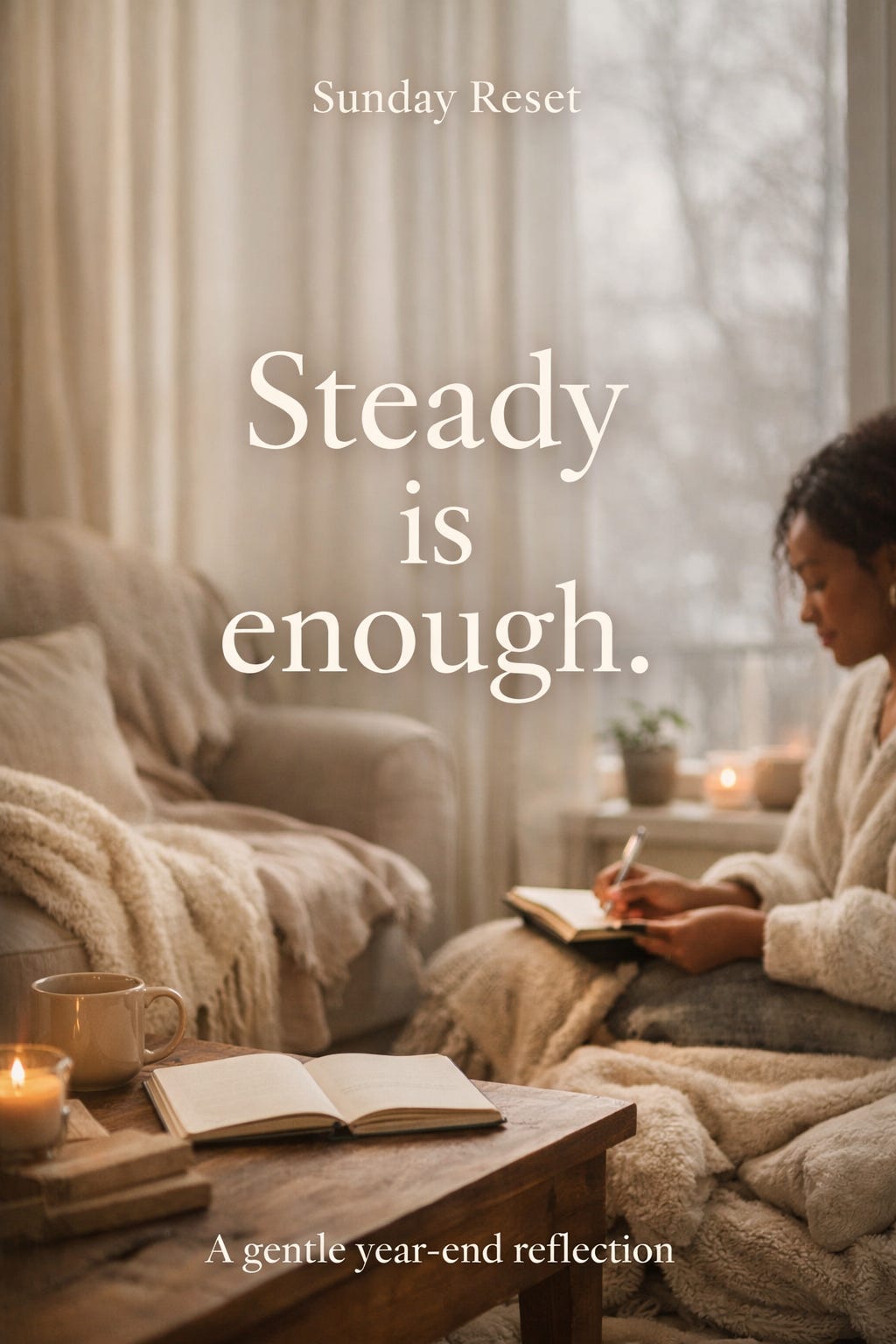 Affirmed Visionary say's rest is enough, a beautiful calm scene of a black woman journaling in winter. Visionary in Progress foundation statement