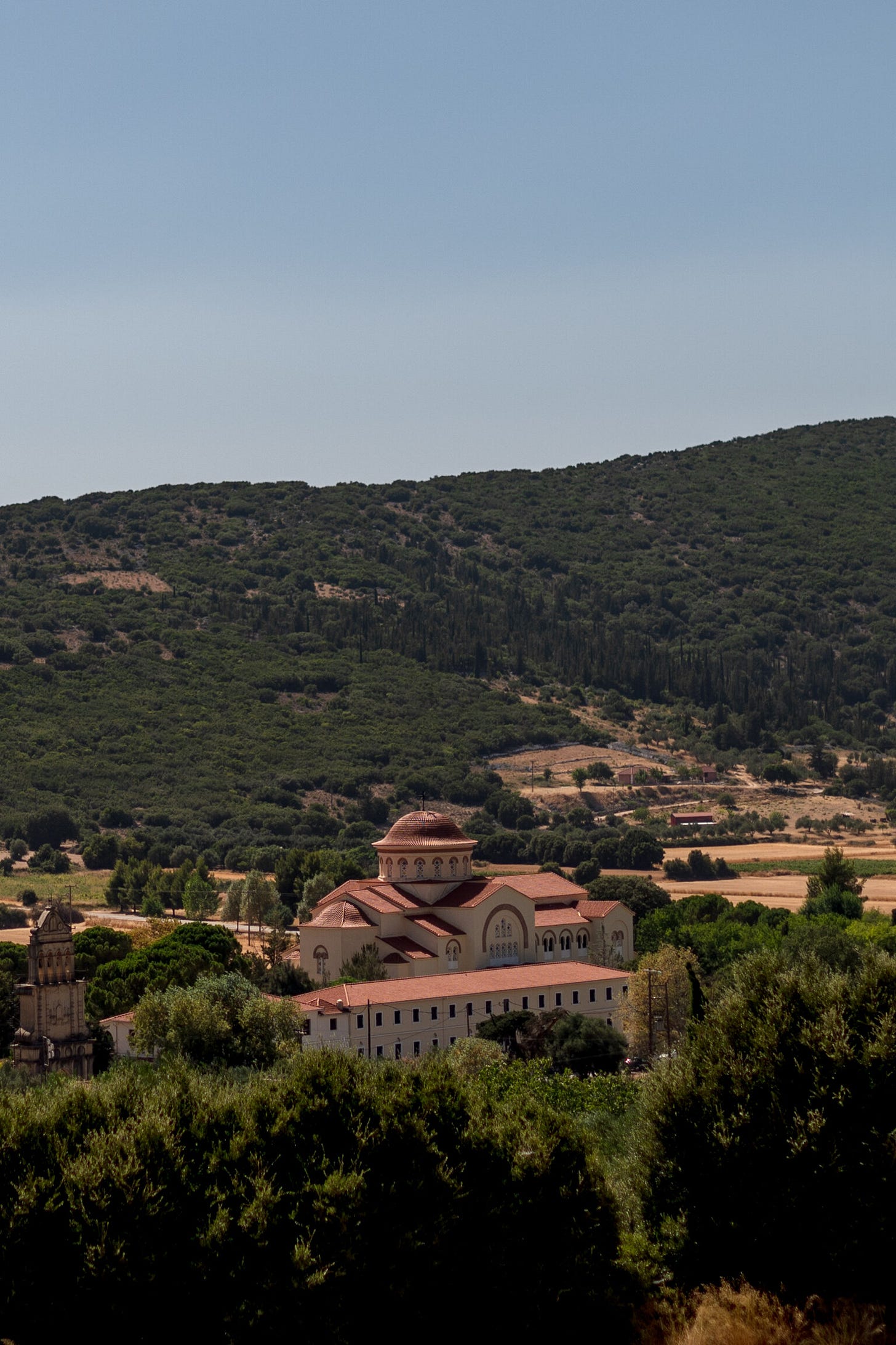 An aerial view of hills and mountains. Emerging from the trees is a building with a pastel-pink dome.