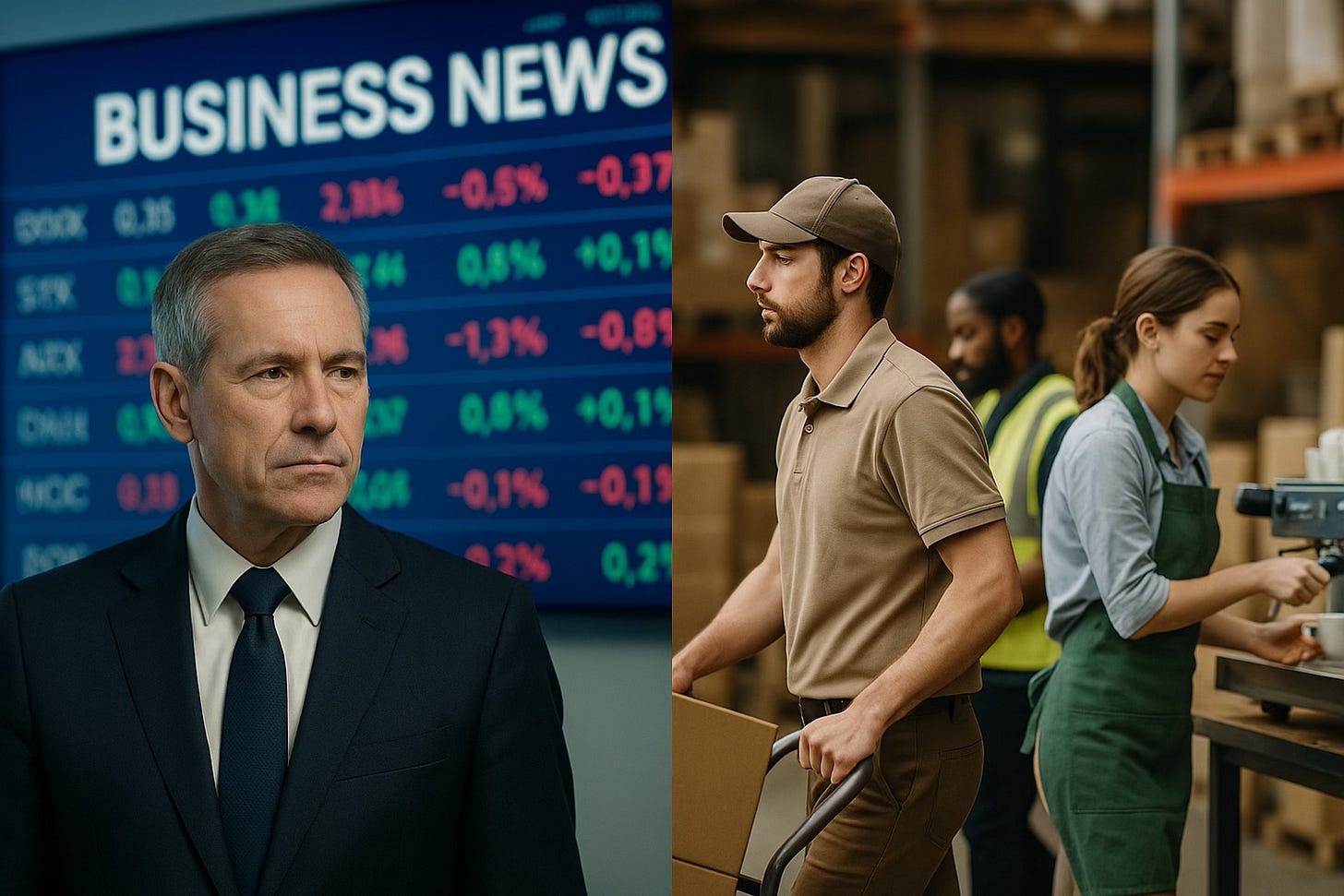 Split-frame illustration showing a suited executive in front of stock tickers on one side, contrasted with everyday workers—baristas, warehouse staff, and delivery drivers—on the other, symbolizing the gap in how newsrooms cover business versus labor.