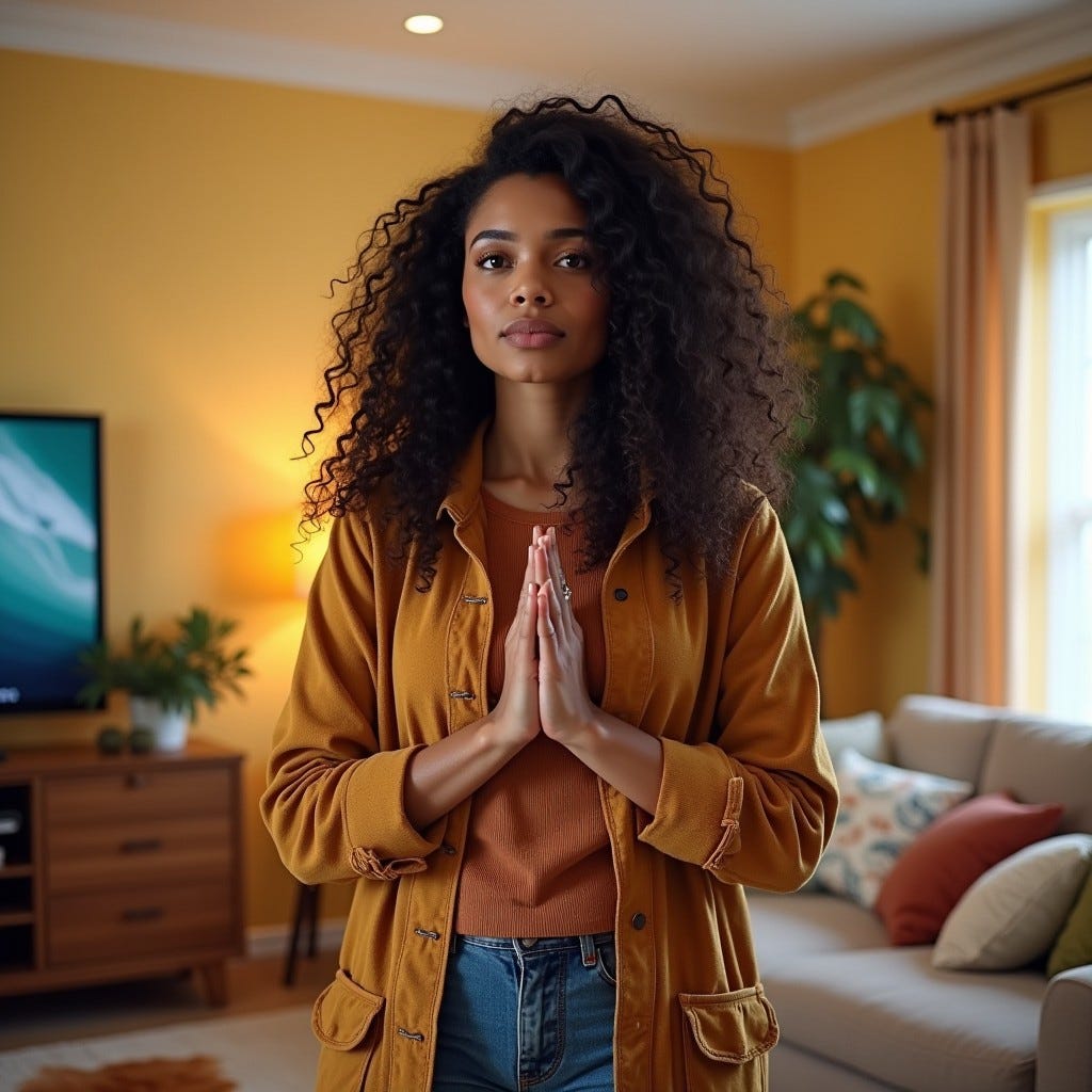 Provide me a realistic image of an African American woman with long curly hair in casual colorful clothing praying in the middle of her living room in a bright lively room Provide me a realistic image of an African American woman with long curly hair in casual colorful clothing praying in the middle of her living room in a bright lively room