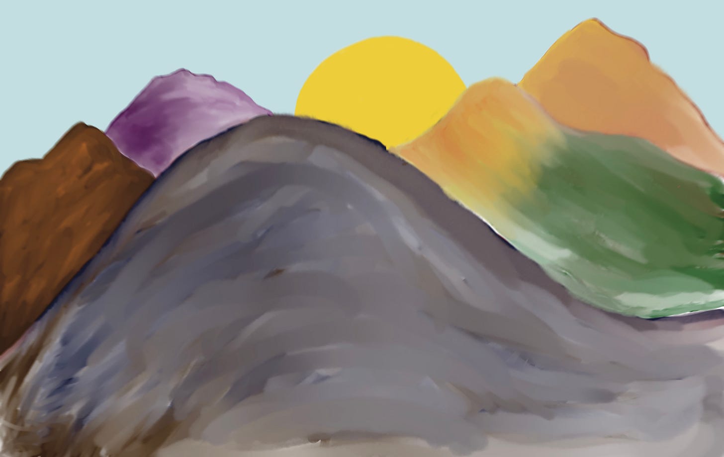 Drawing of mountains, in various colours, layered from close to far, sun behind them, blue sky