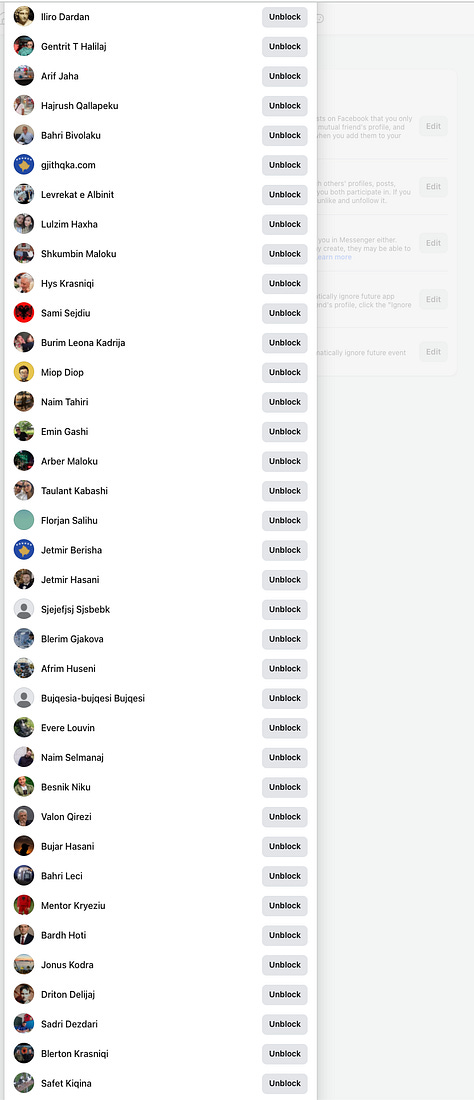 8 out of 17 full Screenshots of the Facebook Block List