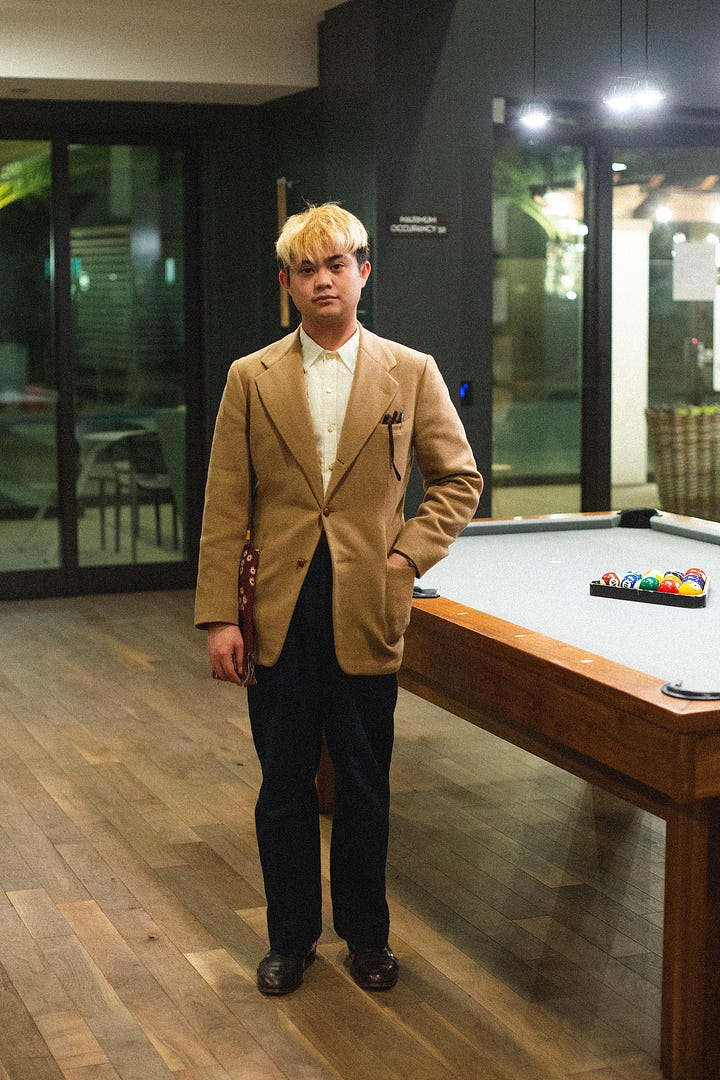 Photos of man dressed in coat over barong.