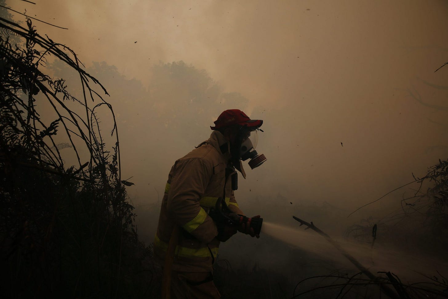 An Indonesian firefighter wearing a respirator mask and protective helmet sprays water to extinguish a forest fire amidst thick, low-visibility smoke. An Indonesian firefighter wearing a respirator mask and protective helmet sprays water to extinguish a forest fire amidst thick, low-visibility smoke.