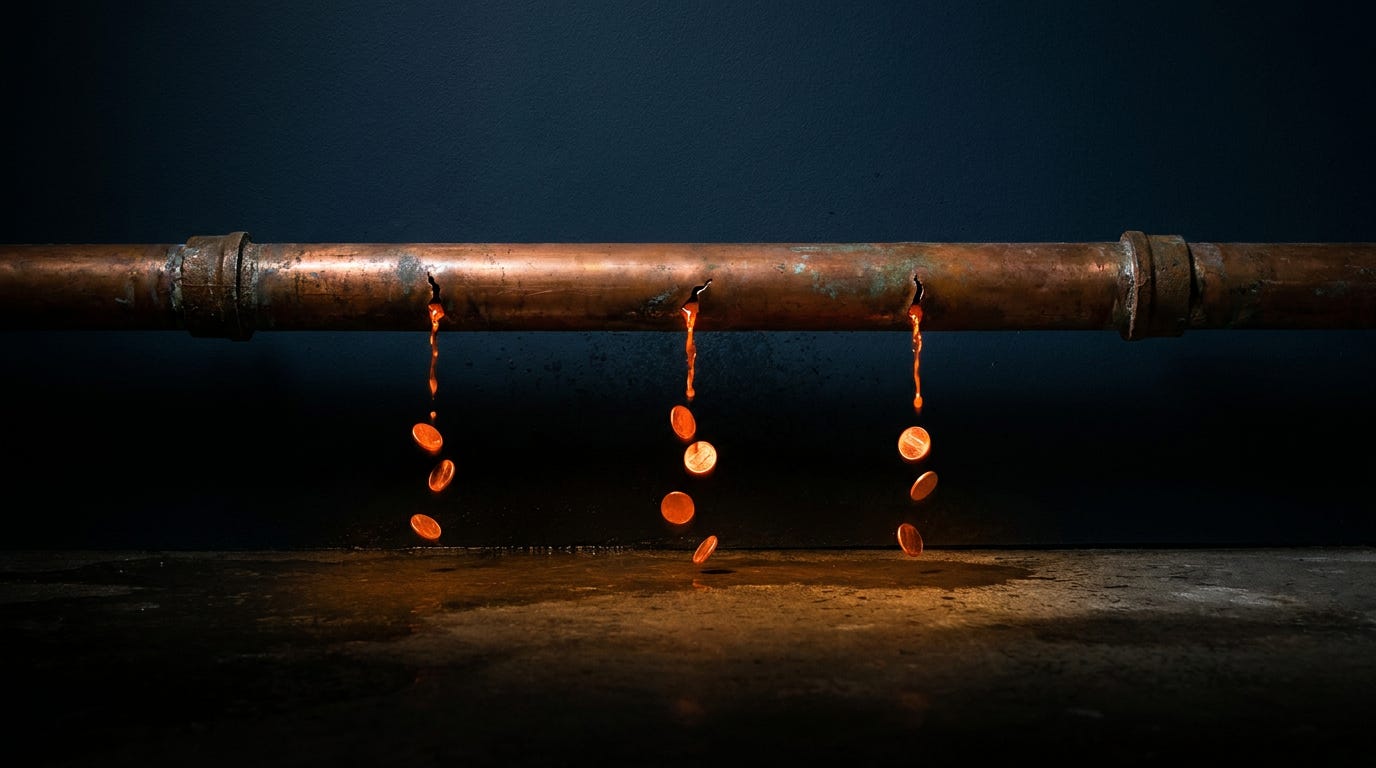 Three small leaks draining coins from a pipe Three small leaks draining coins from a pipe