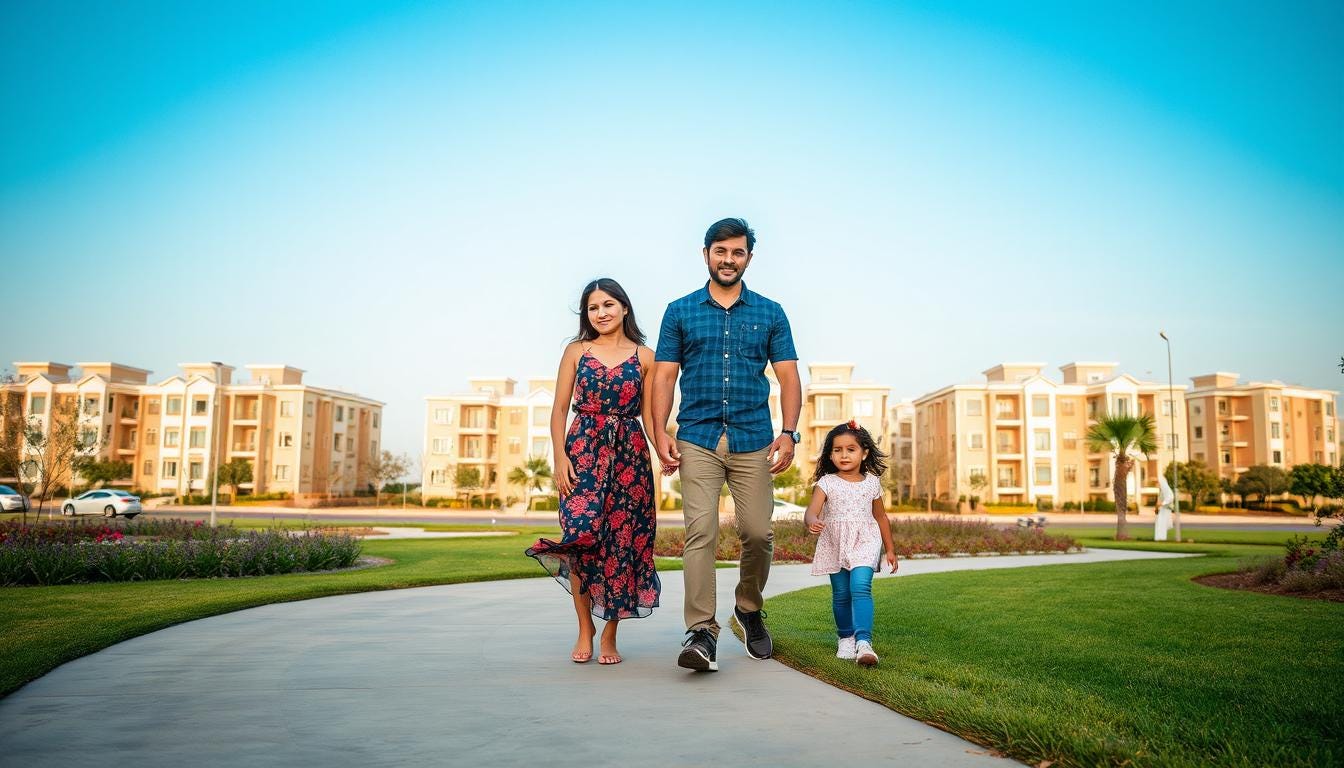 A family enjoying a leisurely stroll in a landscaped park within a residential complex on the Yamuna Expressway.