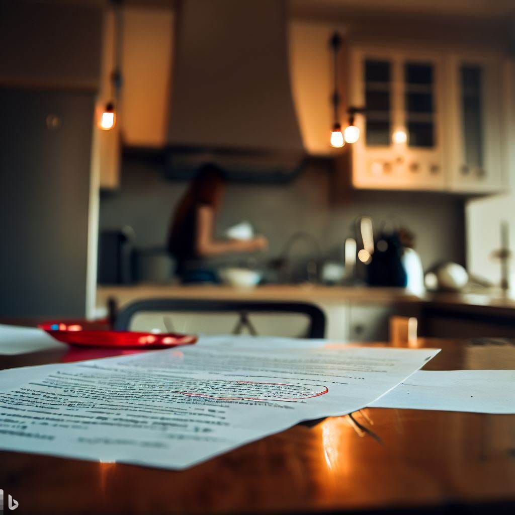 a kitchen with a table in the foreground, on the table is a school essay marked with red pen, and in the background is a woman at the sink