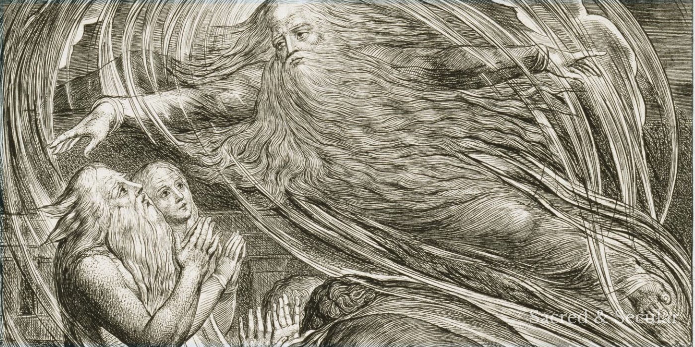 William Blake’s illustration of Job kneeling as God appears above him in a swirling whirlwind, surrounded by sweeping lines and figures. William Blake’s illustration of Job kneeling as God appears above him in a swirling whirlwind, surrounded by sweeping lines and figures.