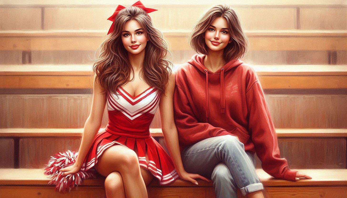 A beautiful cheerleader with long brown hair and wearing a red-and-white cheerleader outfit sits in the bleachers next to herself ten years older and 20 pounds heavier, with short hair, and wearing a red sweatshirt and jeans. Slight impressionist style.