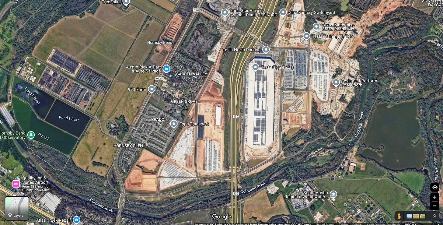 Satellite map of Hornsby Bend are of Austin, with bird observatory, wastewater treatment plant, and Tesla factory
