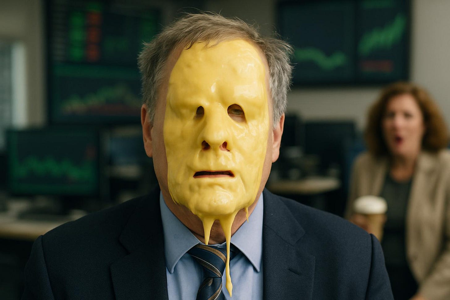 Melting Face Businessman in Trading Floor Office Melting Face Businessman in Trading Floor Office