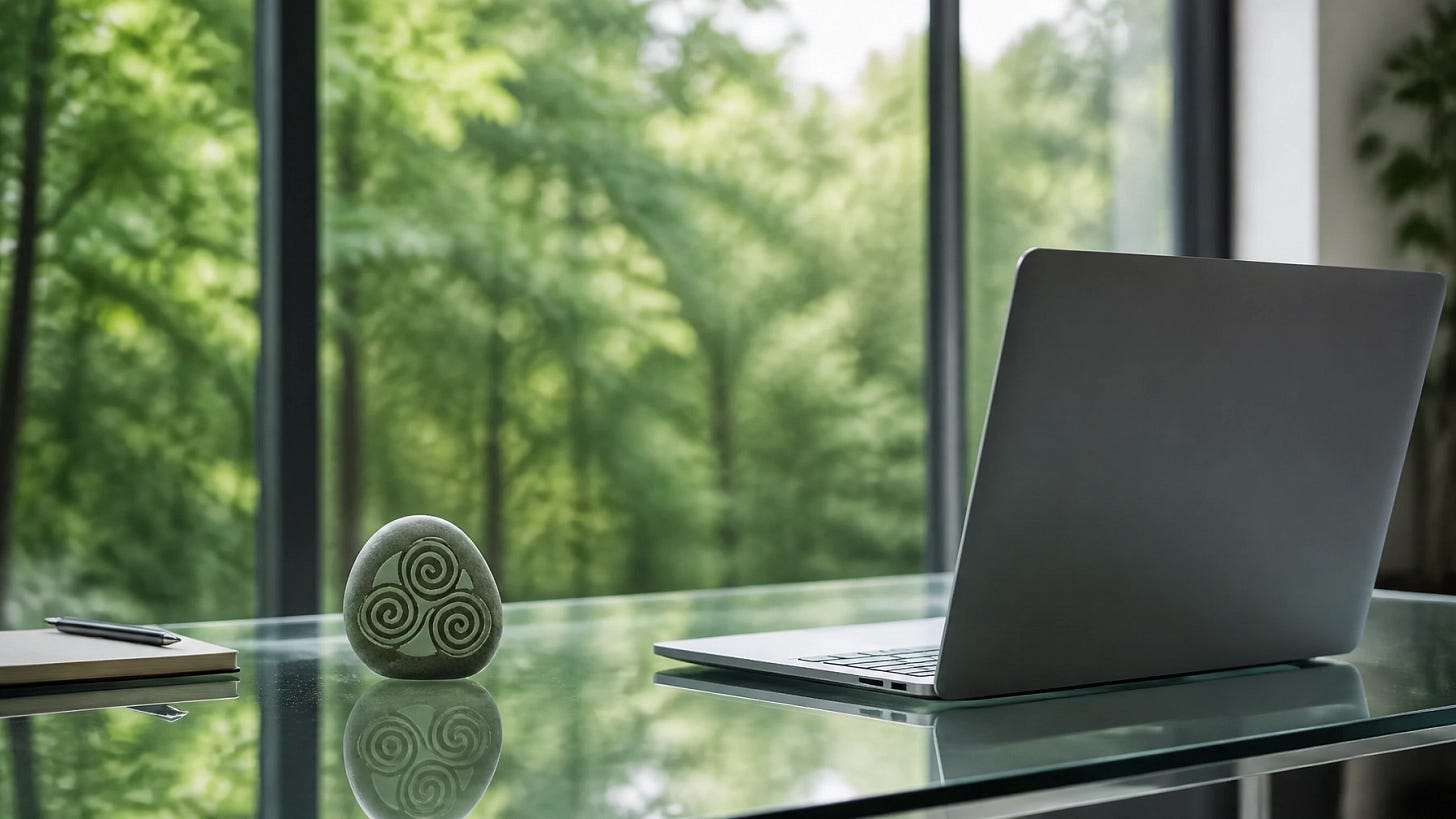 A modern minimalist glass desk in a bright office with a blurred view of a lush green forest outside.