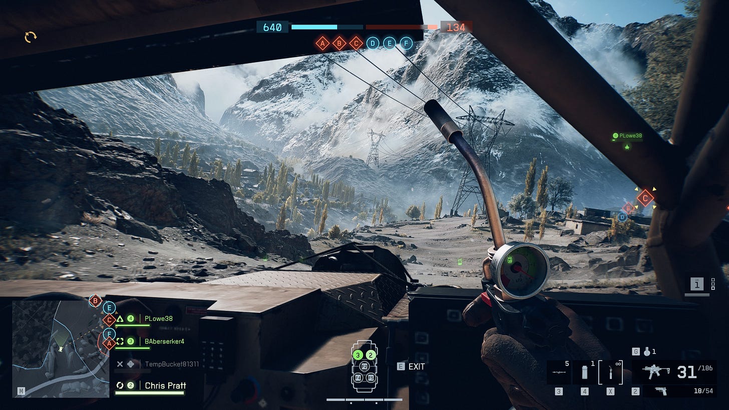 First person POV of a player sitting in the passenger seat of a jeep rigged with C4.