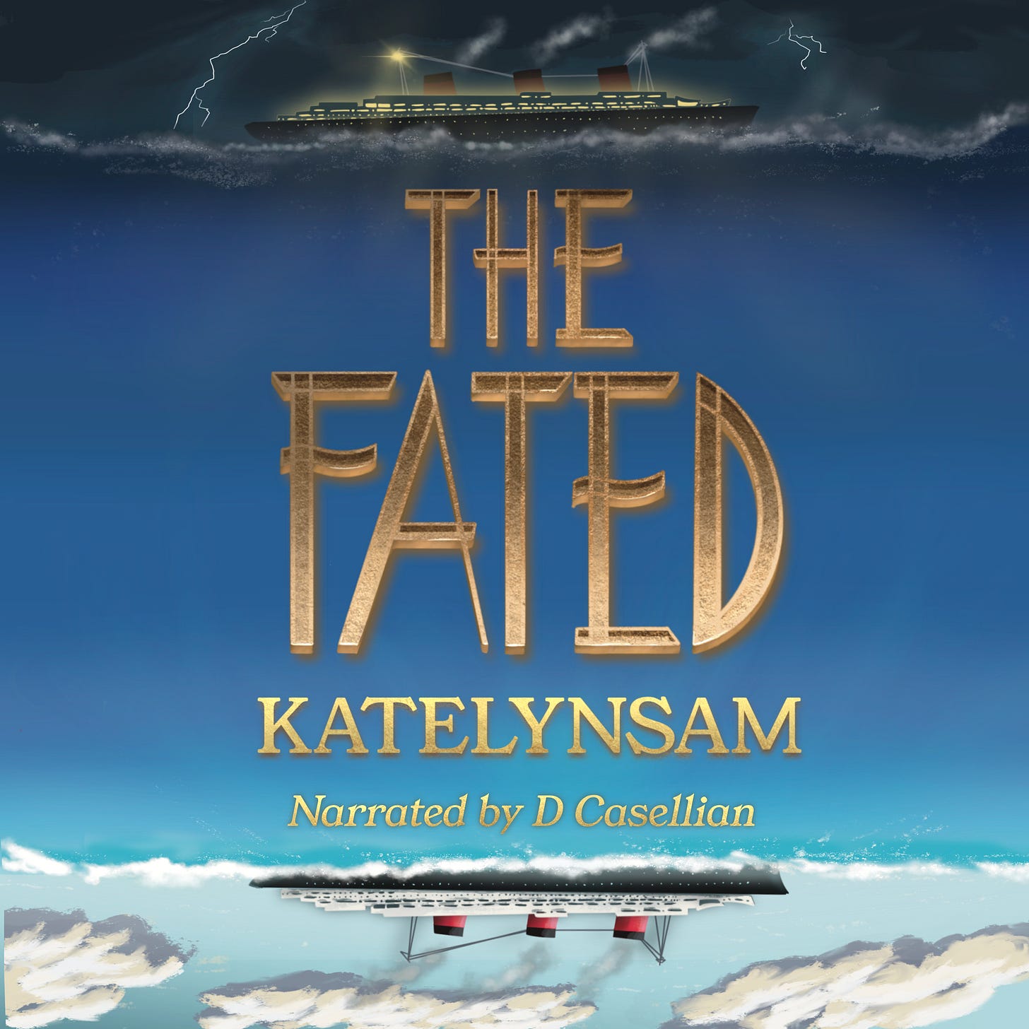 audiobook cover of The Fated by Katelynsam and D Casellian featuring two ships at the top and bottom separated by a blue ocean with the title in the center audiobook cover of The Fated by Katelynsam and D Casellian featuring two ships at the top and bottom separated by a blue ocean with the title in the center