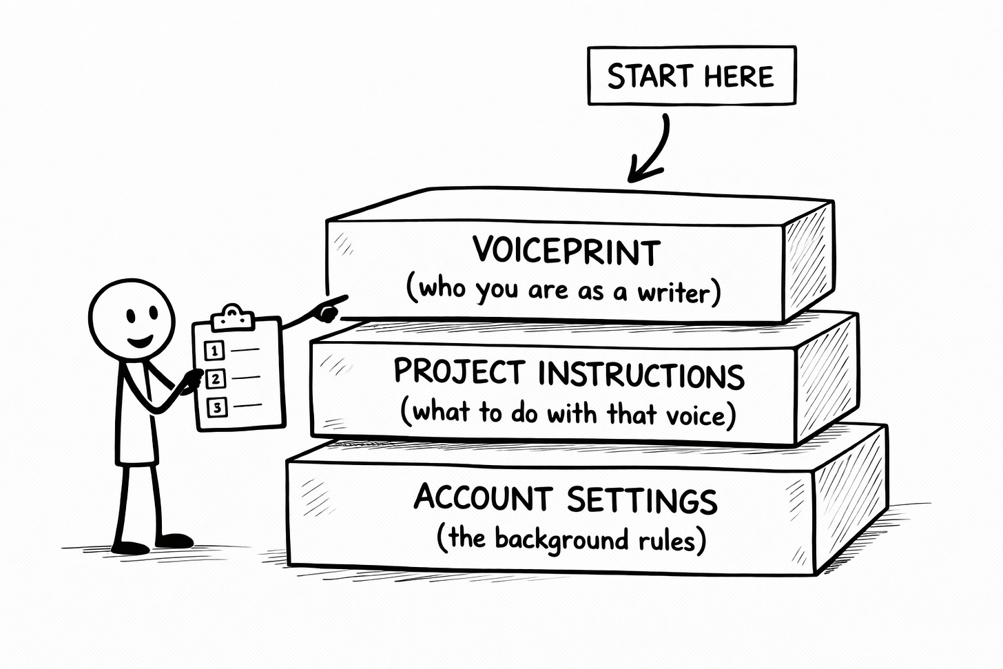 Hand-drawn diagram showing the three-layer AI voice system content creators should test after Claude Opus 4.7 released: Voiceprint, Project instructions, and account settings, tested in order from top to bottom. Hand-drawn diagram showing the three-layer AI voice system content creators should test after Claude Opus 4.7 released: Voiceprint, Project instructions, and account settings, tested in order from top to bottom.