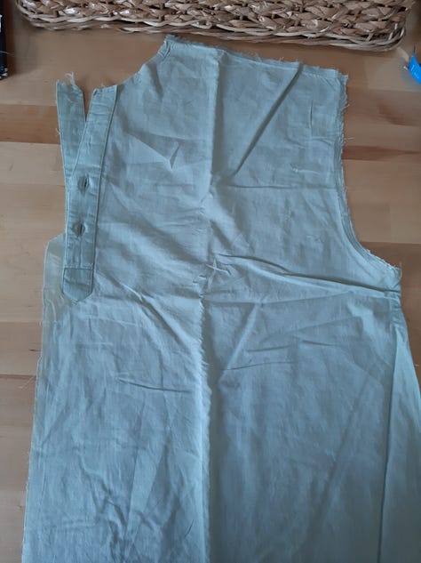 A grid of 6 images showing the deconstruction and reconstruction process: 1) scissors and a seam ripper on top of shirt pieces, 2) a panel of a shirt front in light green, 3) fabric pieces being pinned together, 4) fabric underneath the sewing machine foot, 5) a ball of dark green and light green threads, and 6) Ayana ripping seams at a worktable.