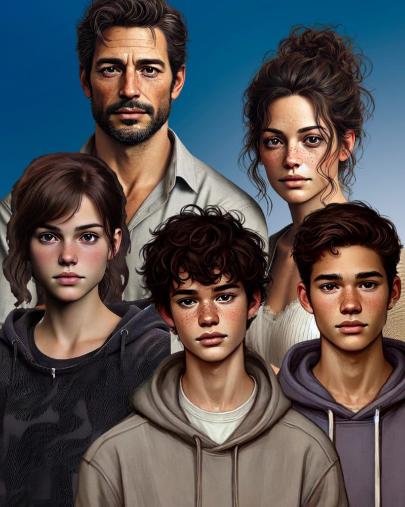 Monroe Family Portrait: A family of five poses together. The father has dark hair and stubble, the mother has curly brown hair and freckles. Their three freckled children — two sons and a daughter — stand in front.