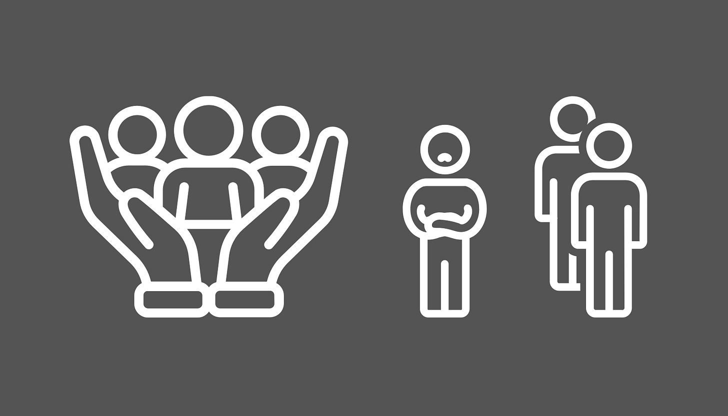 On the left, two hands cupping a graphic of three people. On the right, a graphic of one person standing apart from two others.