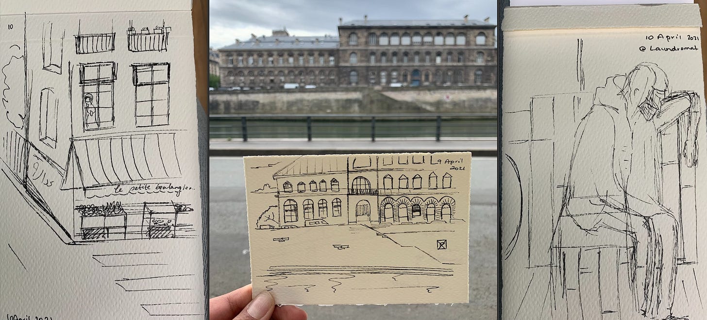 Three sketches by Yassmin, one of a fictional Parisian street, one of a building along the Seine, and the third of a young man in the laundromat