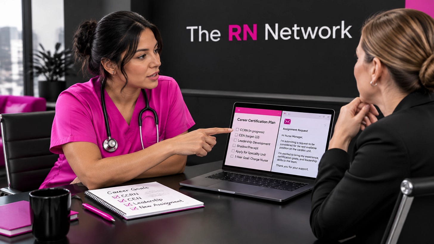 Nurse in pink scrubs discussing a certification plan and assignment request with a nurse manager