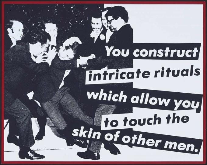 You construct intricate rituals Which allow yoU to touch the skin of other men. Untitled (I shop therefore I am) text poster advertising You construct intricate rituals Which allow yoU to touch the skin of other men. Untitled (I shop therefore I am) text poster advertising