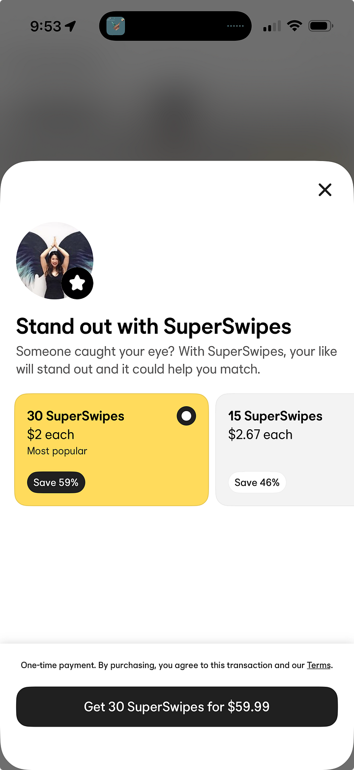 Screenshots of "Super Like" monetization features: Hinge’s Roses, Bumble’s SuperSwipes, and Tinder’s Super Likes. The images show pricing tiers and marketing copy promising users they will "stand out" and bypass the standard match queue.