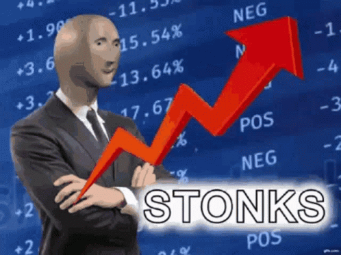 Stonks meme, a man in a suit standing in front of a chart