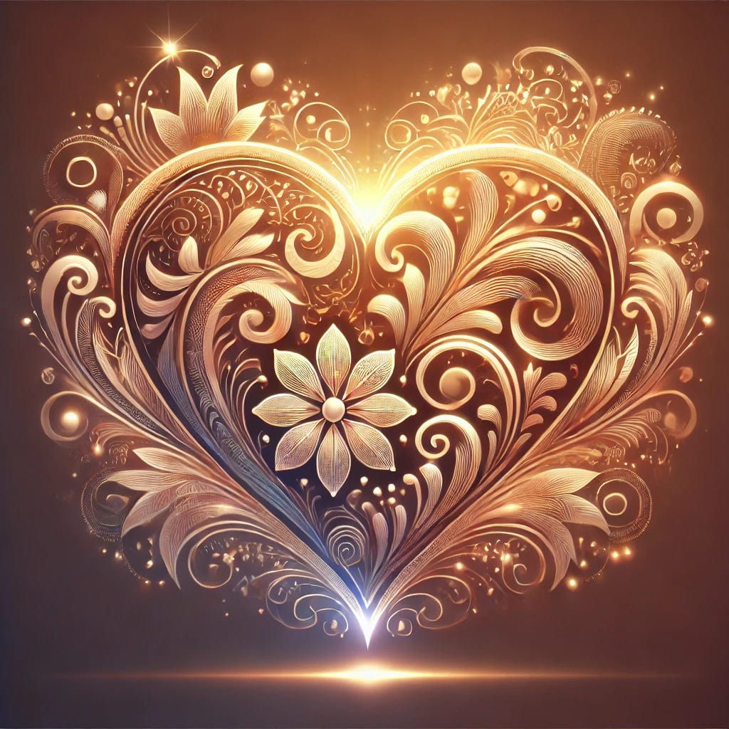 A beautifully designed heart with intricate patterns and a glowing, warm aesthetic. The heart should symbolize love, kindness, and warmth, featuring elegant details like floral patterns, soft lighting, and a radiant, artistic touch. The design should evoke feelings of joy and harmony.