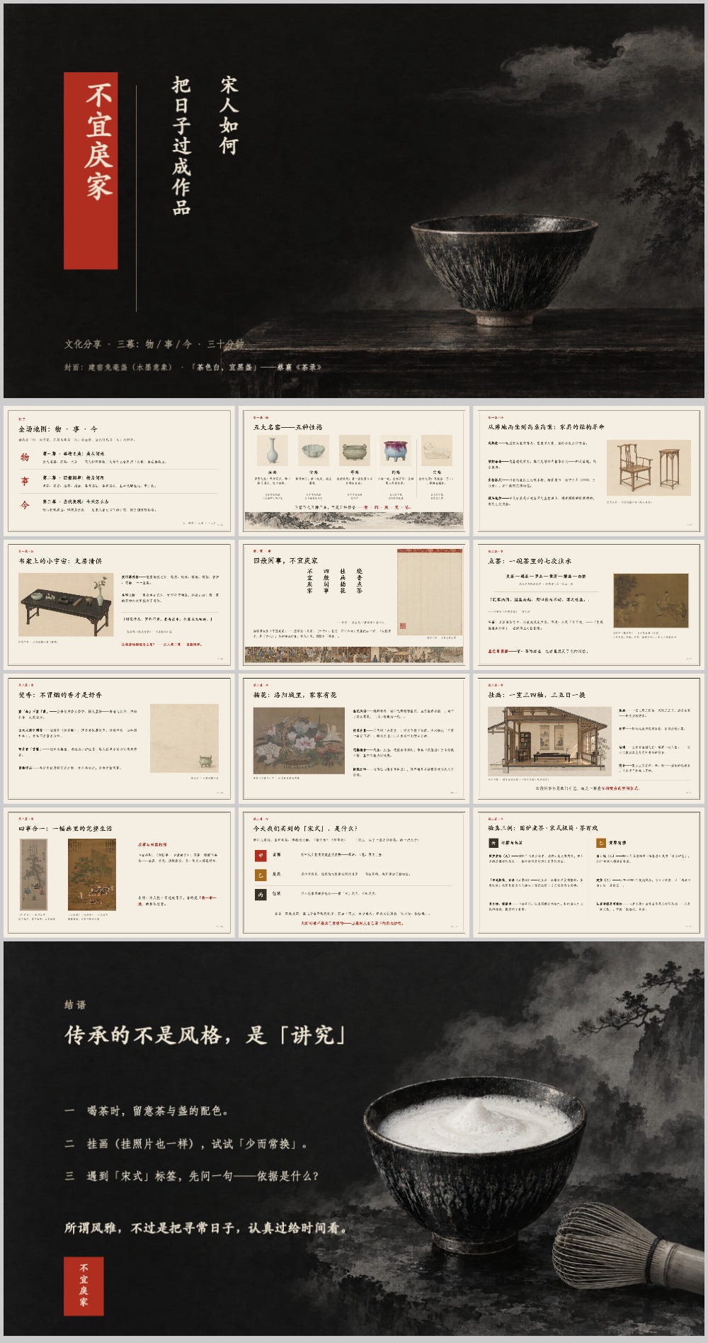 A Raven-generated Chinese slide deck on Song-dynasty domestic aesthetics, showing its cover, twelve interior slides, and closing slide A Raven-generated Chinese slide deck on Song-dynasty domestic aesthetics, showing its cover, twelve interior slides, and closing slide