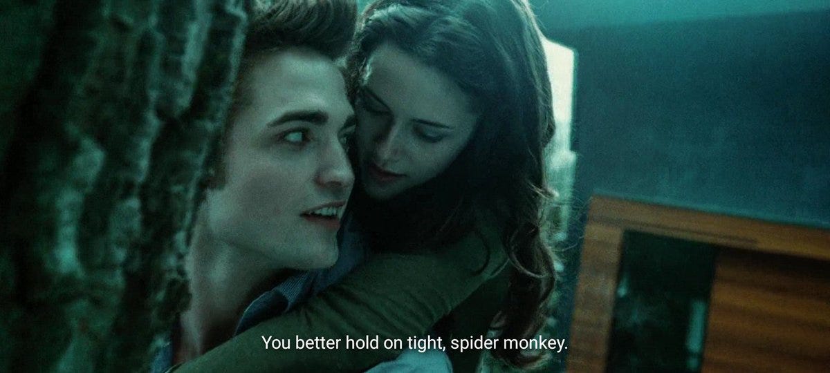 mly on Twitter: "robert pattinson was asked to pick a line he thinks is  best suited for the tree climbing scene. obviously 'you better hold on tight,  spider monkey' won, but here's