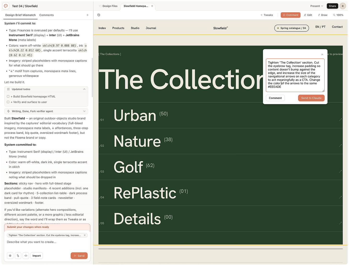 Claude Design canvas with an inline comment applied to a specific section —   instructions tightening "The Collections" nav, adjusting padding, and resizing the   navigational arrows.