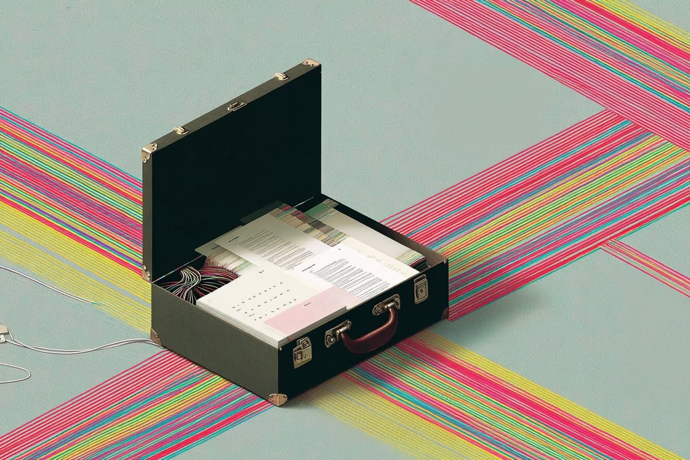 A graphic novel-style briefcase filled with freelancer essentials like a laptop, invoices, and glowing digital cables.