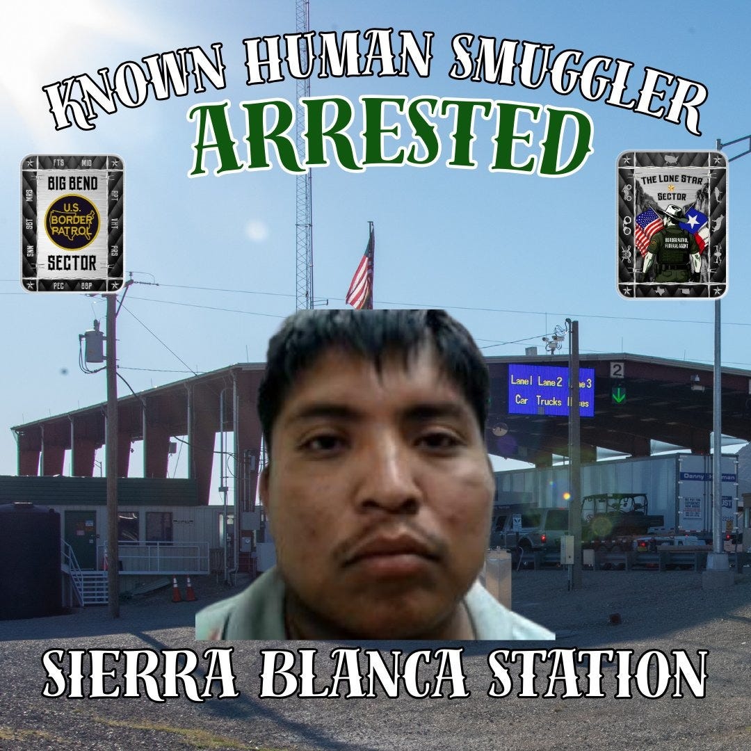 This “known human smuggler” was apprehended while guiding seven illegal aliens on foot near the border south of its Sierra Blanca checkpoint in the Big Bend Border Patrol sector of West Texas. 
